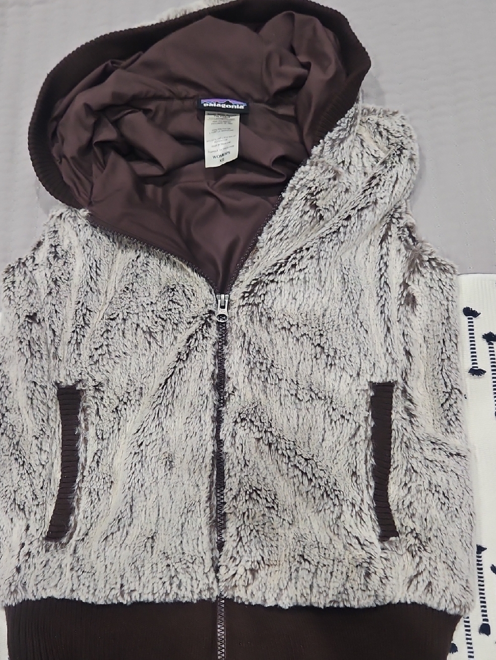 Patagonia Kids Hooded Faux-Fur Vest in Light Gray and Brown